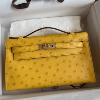 Hermes Kelly Pochette Handmade Bag in Ostrich Leather Jaune Ambre