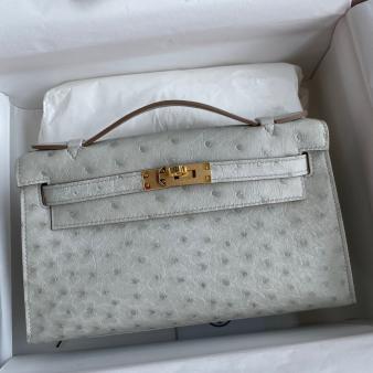 Hermes Kelly Pochette Handmade Bag in Ostrich Leather Pearl Grey