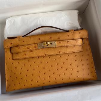 Hermes Kelly Pochette Handmade Bag in Ostrich Leather Sesame