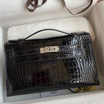 Hermes Kelly Pochette Handmade Bag in Shiny Alligator Leather Black