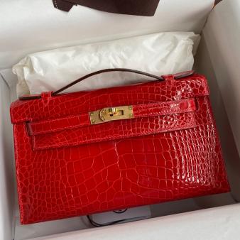 Hermes Kelly Pochette Handmade Bag in Shiny Alligator Leather Red