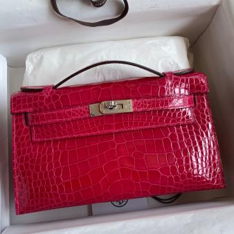 Hermes Kelly Pochette Handmade Bag in Shiny Alligator Leather Rose Extreme