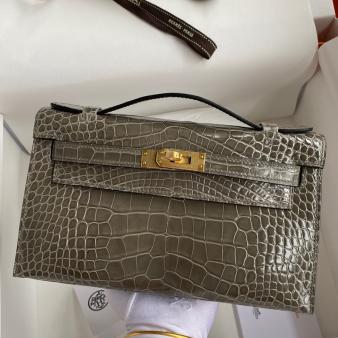 Hermes Kelly Pochette Handmade Bag in Shiny Alligator Leather Taupe