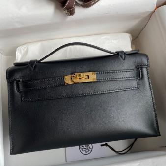 Hermes Kelly Pochette Handmade Bag in Swift Calfskin Black