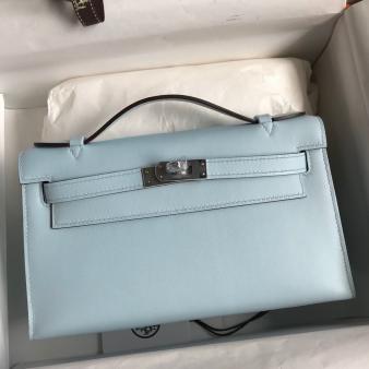 Hermes Kelly Pochette Handmade Bag in Swift Calfskin Blue Brume