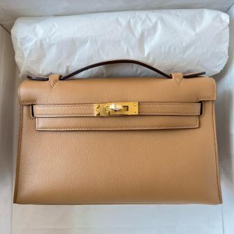 Hermes Kelly Pochette Handmade Bag in Swift Calfskin Chai