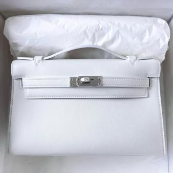 Hermes Kelly Pochette Handmade Bag in Swift Calfskin White