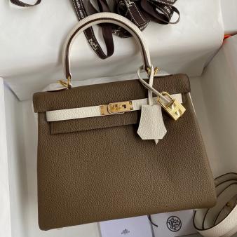 Hermes Kelly Retourne 25 Bicolor Clemence Calfskin Bag in Craie and Taupe