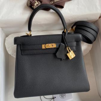 Hermes Kelly Retourne 25 Handmade Bag in Clemence Leather Black