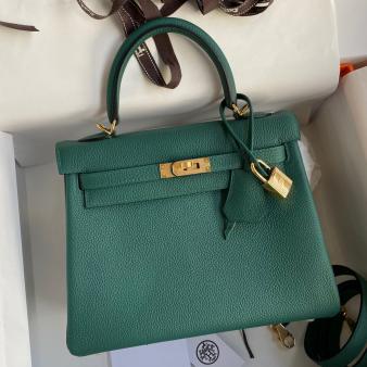 Hermes Kelly Retourne 25 Handmade Bag in Clemence Leather Blue Paon