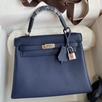 Hermes Kelly Retourne 25 Handmade Bag in Clemence Leather Blue Saphir