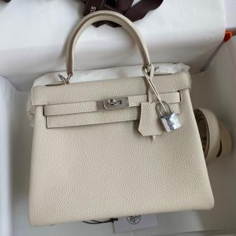 Hermes Kelly Retourne 25 Handmade Bag in Clemence Leather Craie