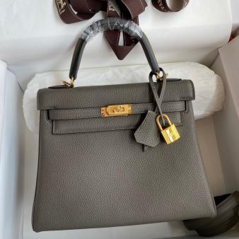 Hermes Kelly Retourne 25 Handmade Bag in Clemence Leather Etain