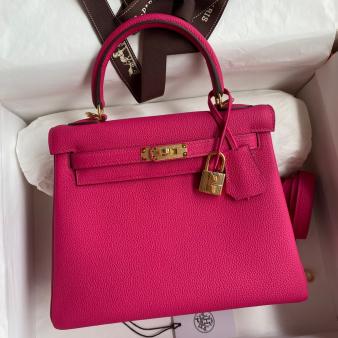 Hermes Kelly Retourne 25 Handmade Bag in Clemence Leather Framboise