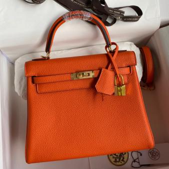 Hermes Kelly Retourne 25 Handmade Bag in Clemence Leather Orange