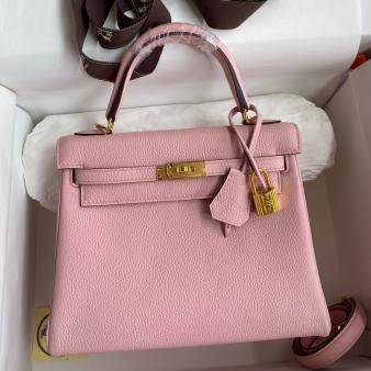 Hermes Kelly Retourne 25 Handmade Bag in Clemence Leather Rose Sakura