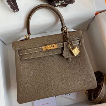 Hermes Kelly Retourne 25 Handmade Bag in Clemence Leather Taupe