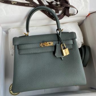 Hermes Kelly Retourne 25 Handmade Bag in Clemence Leather Vert Amande