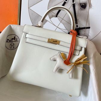 Hermes Kelly Retourne 25 Handmade Bag in Swift Calfskin Craie