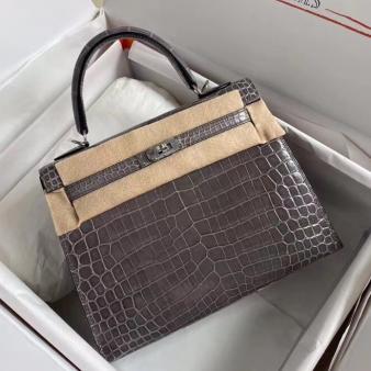 Hermes Kelly Retourne 25 Handmade Crocodile Niloticus Bag in Shiny Taupe Skin