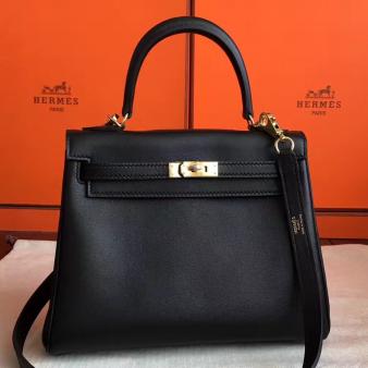 Hermes Kelly Retourne 25cm Bag in Black Swift Leather