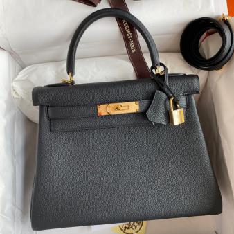 Hermes Kelly Retourne 28 Handmade Bag in Clemence Leather Black