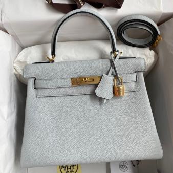 Hermes Kelly Retourne 28 Handmade Bag in Clemence Leather Blue Glacier