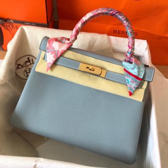 Hermes Kelly Retourne 28 Handmade Bag in Clemence Leather Blue Lin