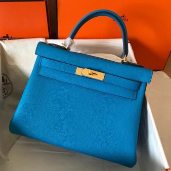 Hermes Kelly Retourne 28 Handmade Bag in Clemence Leather Blue Zanzibar