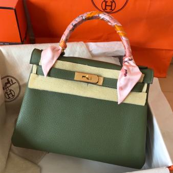 Hermes Kelly Retourne 28 Handmade Bag in Clemence Leather Canopee