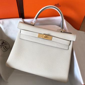 Hermes Kelly Retourne 28 Handmade Bag in Clemence Leather Craie