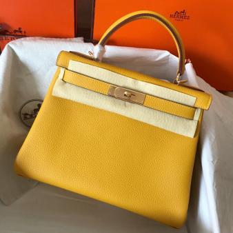 Hermes Kelly Retourne 28 Handmade Bag in Clemence Leather Jaune Ambre