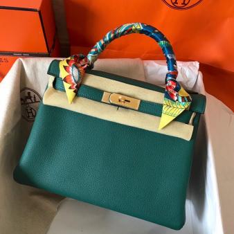 Hermes Kelly Retourne 28 Handmade Bag in Clemence Leather Malachite