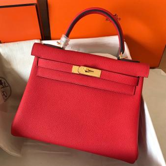 Hermes Kelly Retourne 28 Handmade Bag in Clemence Leather Red