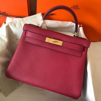 Hermes Kelly Retourne 28 Handmade Bag in Clemence Leather Ruby