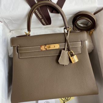 Hermes Kelly Retourne 28 Handmade Bag in Clemence Leather Taupe