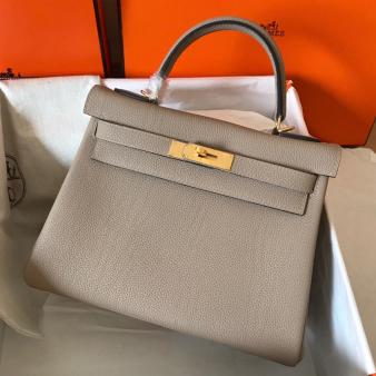 Hermes Kelly Retourne 28 Handmade Bag in Clemence Leather Tourterelle