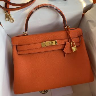 Hermes Kelly Retourne 32 Handmade Bag in Clemence Leather Orange