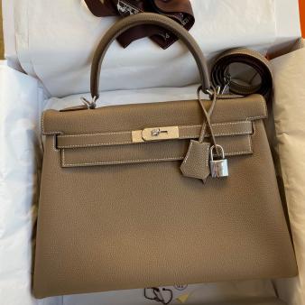 Hermes Kelly Retourne 32 Handmade Bag in Clemence Leather Taupe