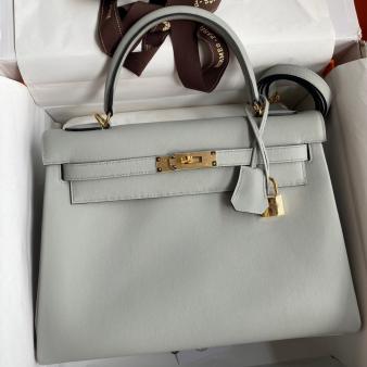 Hermes Kelly Retourne 32cm Handmade Swift Calfskin Bag in Blue Glacier