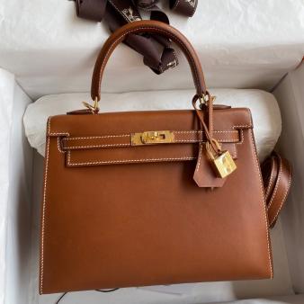 Hermes Kelly Sellier 25 Barenia Calfskin Handmade Bag in Gold