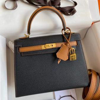 Hermes Kelly Sellier 25 Bicolor Epsom Calfskin Bag in Black and Gold