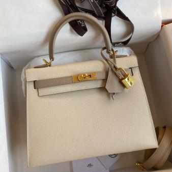 Hermes Kelly Sellier 25 Bicolor Epsom Calfskin Bag in Craie and Trench