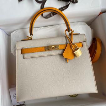 Hermes Kelly Sellier 25 Bicolor Epsom Calfskin Bag in Craie and Yellow