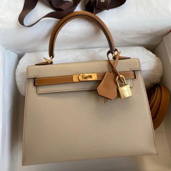 Hermes Kelly Sellier 25 Bicolor Epsom Calfskin Bag in Gold and Trench