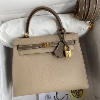 Hermes Kelly Sellier 25 Bicolor Epsom Calfskin Bag in Taupe and Trench