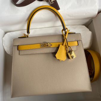 Hermes Kelly Sellier 25 Bicolor Epsom Calfskin Bag in Yellow and Trench