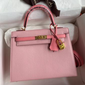 Hermes Kelly Sellier 25 Bicolor Goatskin Bag in Lipstick and Rose Confetti