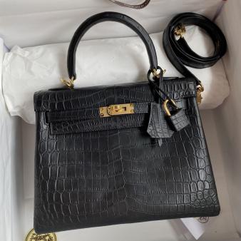 Hermes Kelly Sellier 25 Crocodile Niloticus Matte Skin Bag in Black