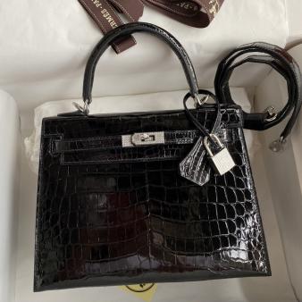 Hermes Kelly Sellier 25 Diamond Crocodile Niloticus Shiny Skin Bag in Black